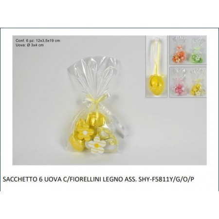 SACCHETTO 6 UOVA C/FIORELLINI LEGNO
