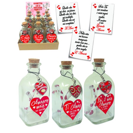 VASETTO VETRO CON PERGAMENA E CUORICINI