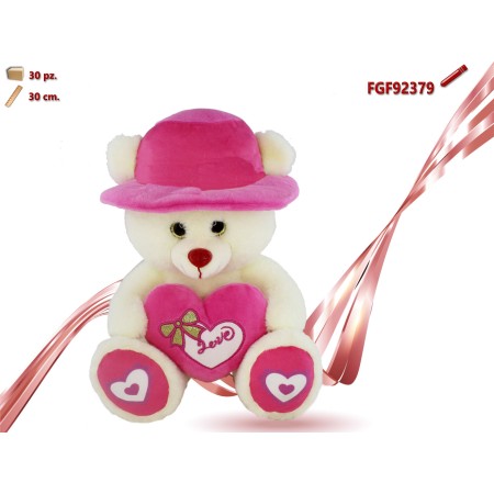 ORSO CON CAPPELLO E CUORE ROSA CM.30