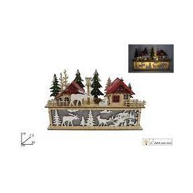 SCENARIO NATALIZIO LEGNO C/CASETTE E LUCE