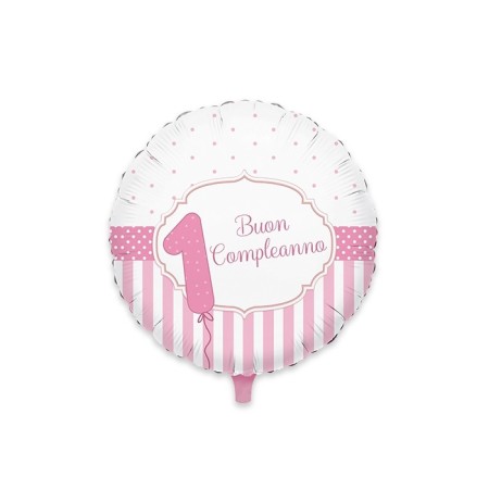 PALLONCINI MYLAR TONDO 45CM PRIMO COMPLEANNO ROSA