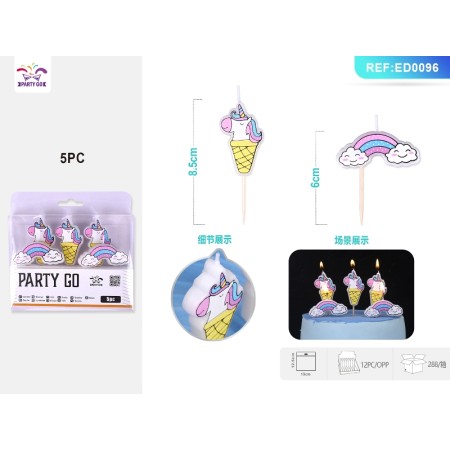 CANDELA UNICORNO ARCOBALENO 9CM