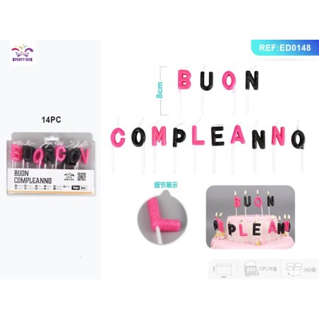 CANDELA BUON COMPLEANNO ROSA NERO 8CM