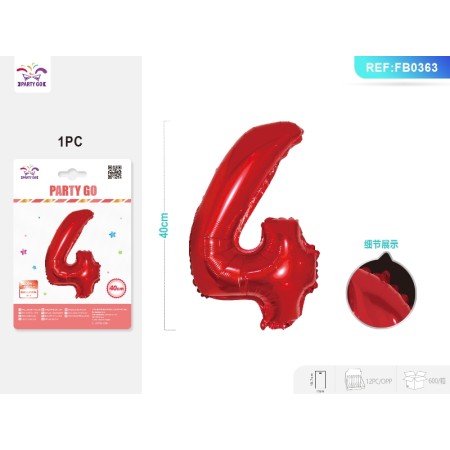 PALLONCINO MYLAR ROSSO NUMERO 4 40CM