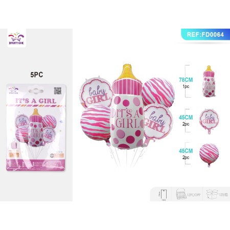 SET PALLONCINI MYLAR BIBERON ROSA PZ.5