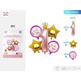 SET PALLONCINI MYLAR CORONA 1 ANNO ROSA