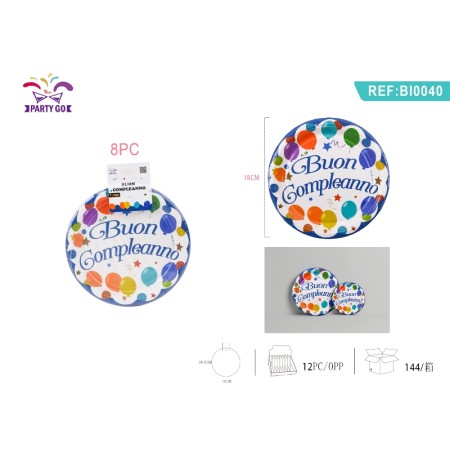 PIATTI BUON COMPLEANNO CON PALLONCINI 18CM