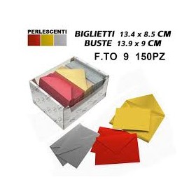 BIGLIETTI E BUSTE F.TO 9 COL.PERLATI ROSSI/ORO/ARG 150+150