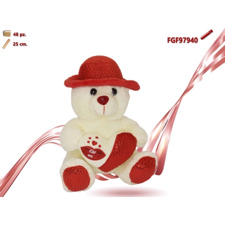 ORSO PELUCHE CON CUORE E CAPPELLO CM.25