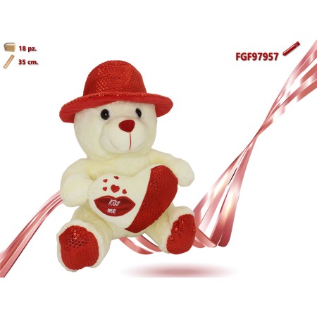 ORSO PELUCHE CON CUORE E CAPPELLO CM.35