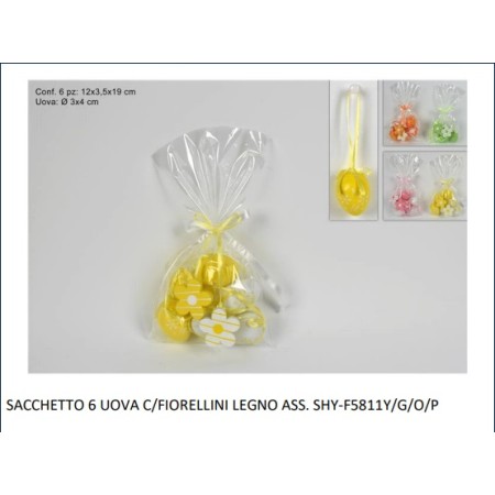 SACCHETTO 6 UOVA C/FIORELLINI LEGNO